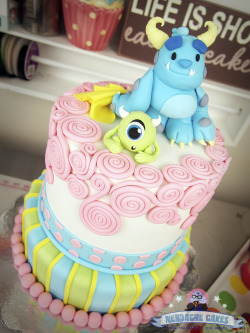 nerdachecakes:  Monsters Inc 1st Birthday Cake!  A super cute Monsters cake for a 1st Birthday- with the figures you guys saw last week in a sneak peek. I really love the swirls and colors on this cutey cake. Perfect for a little girl who loves Monsters,