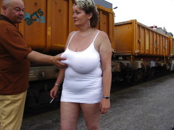 womenofasimilarage:  Hobo whore  big tits out and about with no bra, nice