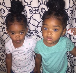 sexxinerd:  Twins Megan &amp; Morgan With Rare Blue Eyes  &amp; One W/ Heterochromia (Horizontally HalfBlue HalfBrown) Insta:@megan_morgan_trueblue / Mother’s Insta:@stephboyd24 #BlackIsBeautiful