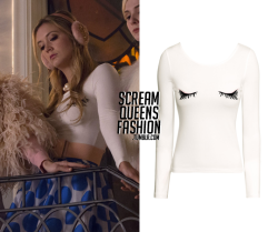 screamqueensfashion:  WHO: Billie Lourd as Chanel #3WHAT: H&amp;M Jersey Top in White - ů - Sale Price ListedWHERE: Scream Queens | 1x04 Haunted House Thanks to @emmas-clothesWORN WITH: Kiz Muffs earmuffs, Alice   Olivia skirt and Baublebar necklace