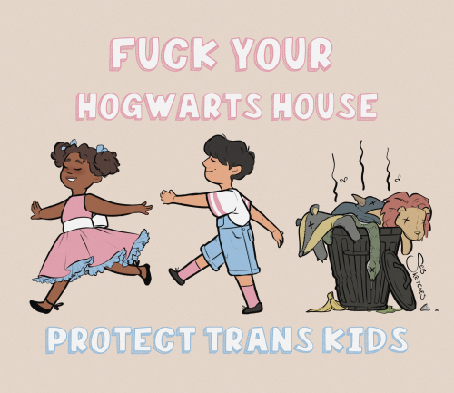 crykea:sebsketchs:sticker design for pride this year! 💞🏳️‍⚧️   (Pictured: a drawing of two children marching happily forward jn trans pride coloured outfits, one in a dress and the other in overalls. Behind them is a stinking garbage can