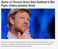 rumpledleathertrousers:  beaumarbre:  whisperingghosts:  stardogchampion:  Sean Bean is the man.  It left out the part where he was defending a female friend from a creep in the fight and how he used a first aid kit to stitch up his own stab wound.  Sean