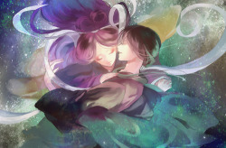 animelody:  天の川にて (At the Milky Way) by へび@ついった According to the artist, this is a visual representation of two stars in the summer triangle, Vega and Altair, or Orihime (“weaving princess”) and Hikoboshi (“cowherder star”)
