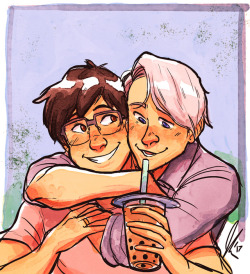 jannelle-o:  @inkyshark:Yuri and Viktor, maybe, if you’ve not hit your limit? OR ASTRONAUT DUDE AND SHARK BUDDY. With bubble tea cause I really want some…I didn’t know if you wanted Yuri and Viktor with bubble tea too, but I added that haha (because