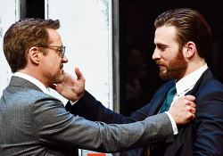 dailychrisevans:  Robert Downey Jr. and Chris Evans on stage during the European film premiere of ‘Captain America: Civil War’ at Vue Westfield on April 26, 2016 in London, England. 
