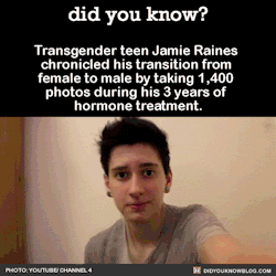did-you-kno:  Transgender teen Jamie Raines chronicled his transition from female to male by taking 1,400 photos during his 3 years of hormone treatment.                Source   Jamie’s Tumblr 