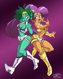 grimphantom2:  epictones:  I’m still getting notes on the sketch of Shantae and Rottytops cosplaying as the Dirty Pair pair, so here’s a more competent-looking version for sharing. Below is the edit with Indivisible’s Anja. Congratulations to Lab