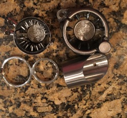 bitchdommecouple:  I thought I would share a little bit about our more devious toys. I prefer metal as you can see, and I don’t fuck around when it comes to inflicting pain with them. The tube is a chastity sleeve for a PA piercing and is what I normally