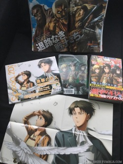 Just received the June magazine merch haul for SnK (For July issues)! Included are Bessatsu Shonen July issue   bonus Shiganshina Trio clear file &amp; Spoon.2Di Vol. 26   bonus poster, as well as the insert page for Newtype!The Eren &amp; Levi poster