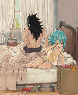 rboz:   a new day  Supposedly Gajeel’s house but Levy has been there too many times and brought too many books, along new items. Like those curtains or the fact Gajeel’s bed has actual sheets now, etc.Pfft an excuse to draw a morning after tho, you