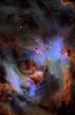 kenobi-wan-obi:   Globules in IC 2944 by Fred Vanderhaven  The above pictured emission nebula, cataloged as IC 2944, is called the Running Chicken Nebula for the shape of its greater appearance. The image was taken recently from Siding Spring Observatory