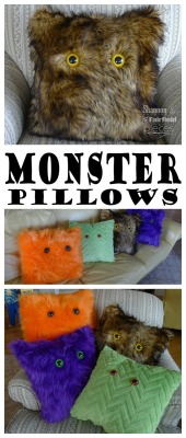 halloweencrafts:  DIY Monster PillowsMake DIY Monster Pillows that kids can use year round. All you need is faux fur, giant animal safety eyes, and fiberfill stuffing.Find the tutorial for these DIY Faux Fur Monster Pillows from Pieces by Polly at See