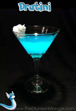 therabbith0le:  Dratini (Pokemon cocktail) Ingredients:1 1/2 oz gin (Bombay Sapphire Gin used)1 1/2 oz Hpnotiqsplash of blue curacao Directions: For this variation of martini, mix and stir in the ingredients over ice, then strain into a chilled cocktail