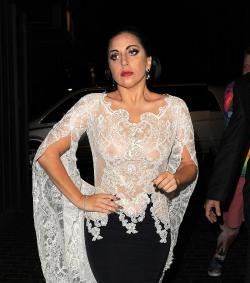 celebritynippleslips:  Lady Gaga wears see-through white blouse without her bra on in public