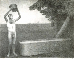hired man on farm using the catles’ water                                                             by Grant Wood