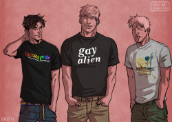 cris-art:“Shirts”. I drew this image after seeing a shirt online that said “gay alien” and thought it was perfect for Teddy. After that, I found other shirts for Billy and Tommy. These shirts really exist! I’ll put the links for each shirt.