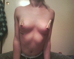 thatsexgirl:  Just a little reminder from last night….These cloth pins are a sore substitute for your fingers….  It still amazes me somewhat that, out of all of the nipple clamps that my wife and I have tried, plain old clothespins still work the