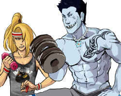 conversationparade:  &ldquo;kisame you KNOW heavier weights HURT my hands&rdquo; mine and keile&rsquo;s drawing of kisame and deidara getting their sweat on at the gym 