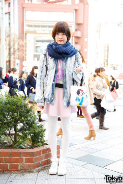 tokyo-fashion:  16-year-old Annu on the street in Harajuku with a resale acid wash jacket and Snow White tote. Her galaxy print top, pink skirt, and pink backpack are all from WEGO. Full Look 