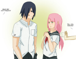geeyadraws:  Sasusaku Month Day 1: Matchmaker(s)High school setting wherein Naruto and Ino matchmakes Sasuke and Sakura. 