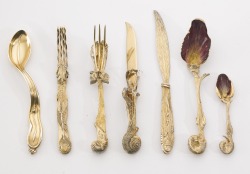 space-queer:  notablipintime:  aarcadien:  Salvador Dali – Ménagère (Cutlery Set) 1957 Six pieces (silver-gilt) comprising of two forks, two knives and two enameled spoons.   But… why are there seven pieces?  Who does the other one belong to?  OP