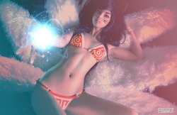 zombiebitme:  Moar of my Ahri cosplay based from @artgerm ’s fan art piece “Ahri’s Tease”  Bikini custom made by scifeyecandy Model: zombiebitme Photo shot and edited also by myself zombiebitme  You can get this as a print @ www.zombiebitme.storenvy.com