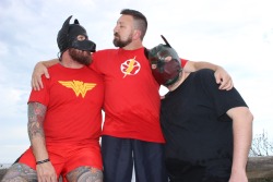 bearconcentrate:Love this pic of Sir (Pup Boss), Primus and me (Gpup Alpha).Primus is in the Mr S Leather hood and I am wearing my new Growler hood. I like the feel of having my chin free. It’s comfy and less claustrophobic than the full hoods.