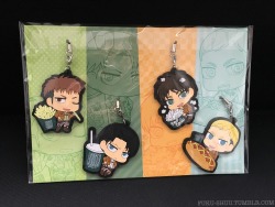 Part 1 of my Shingeki no Kyojin merchandise haul for today: official concessions-themed chimi chara keychains featuring Jean, Levi, Eren, and Erwin sold only during the 2015 theater screenings of the 2nd SnK compilation film (Shingeki no Kyojin Kouhen:
