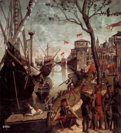 centuriespast:  CARPACCIO, Vittore The Arrival of the Pilgrims in Cologne 1490 Tempera on canvas, 280 x 255 cm Gallerie dell’Accademia, Venice 