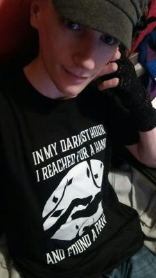 So a fantabulous friend sent me two shirts! &lt;3 One in blue, and this one which is in black. I fucking adore them. What a fantastic gift! Even if they do show how furry trash I am, I still absolutely love them.