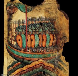 winebreadandart:  winebreadandart: Viking raids in medieval manuscript Miniature coming from the manuscript “The life of Saint Aubin”, abbey of Angers. Showing the Vikings arriving in Guerande in Bretagne in 919 Viking Dragon Ship in Illuminated