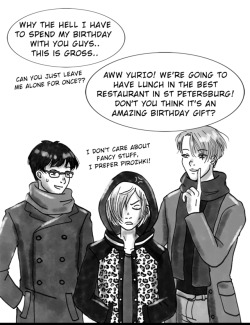 ainitsuite-agape: Aand I’m on board for the Yuri Plisetsky week! &lt;3 I coudn’t miss a week dedicated to my fav character! But I’m already late though  I would say this entry is covering the first two prompt: DAY 1 - Birthday (16.02) DAY 2