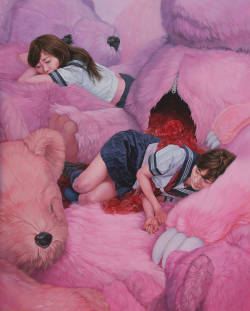 asylum-art-2:   Surreal and Disturbing Loss of Innocence Paintings     The paintings of the artist Kazuhiro Hori   are surprising, and deal with the loss of innocence of the little  girls. By using elements from the childhood like jam, small soldiers,
