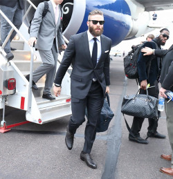 dynamitefists:  Julian Francis Edelman, an American football wide receiver and punt returner for the New England Patriots looking sharp as he arrives for the Super Bowl XLIX. 