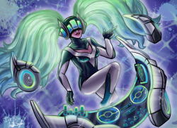 ink-rose-the-hylian:  DJ Sona by InkRose98 DJ Sona is my favorite League of Legends skin, so I thought it would be fun to draw it.This picture was made as an exercise in anatomy and painting.Hope you enjoy!  This kinda looks like a new yugioh archetype