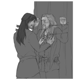 kaciart:   swaggermetimbers answered: Kili pinning Fili to a tree with an arrow through his coat so he can be devious  “Someone might see us!” “No one know’s we’re brother’s in this town.” “But we’re still men.” 