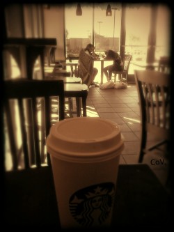 A candid Starbucks moment while enjoying a White Chocolate Mocha (hot).