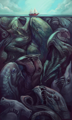 niadidas:  sciencefictionworld:  “Shadows Beneath” by Julie Dillon, winner of 2015 Chesley Award for Best Cover Illustration. And I’ll never go swimming again.  This is the sole reason why I don’t like the ocean, sea, deep sea, anything large