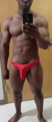 sexythingswill:  I got back from the gym with another hard-on and figured it would be a nifty idea to put on my posing trunks. No they are not panties, they’re for my bodybuilding competition later this year. The bulge is just a nice touch on my part.