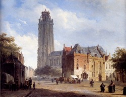 Cornelis Springer (Amsterdam 1817 - Hilversum 1891); A Cathedral on a townsquare in summer, 1846; oil on canvas, 42 x 30.5 cm