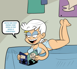 sb99stuff:  Based on a commercial for next week’s Loud House episodes. For some reason, the Louds dressed as each other, and Lori was dressed as Lincoln. So for a lewd pic, why not draw Lori doing what Lincoln loves to do: Read comic book in undies.