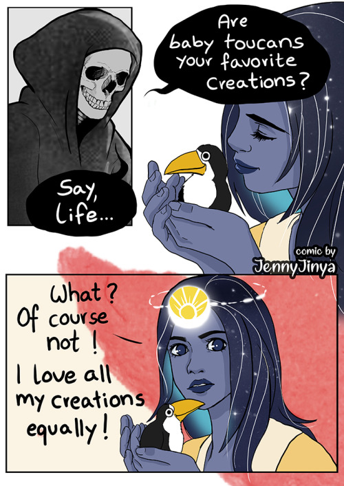 jenny-jinya:CW: animal deathPeople have asked for more interactions between Life and Death. Life is bringing so much color into my comics haha &lt;3  