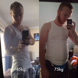 stannnum:  Well guys, in celebration of the new year I figured instead of a typical New Years resolution I’d post a New Years comparison.  On the left is me when I started gaining at 45kg/99lbs, and on the right is me today weighing in at 75kg/165lbs.