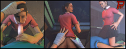 FemScout Trilogy I. Blowjob (From that angle her Face looks less enjoying that I intended :/) II. Quicki (Why is his dick yellow, you ask? Because the Scout practices safer sex. Like we all should do in such situations) III. Riding under the Skirt (A