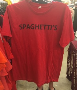 shiftythrifting: the front and back of a tshirt i found at goodwill in worcester, ma. i don’t know if or what it means something, all i know is that i now own a tshirt that says “spaghetti’s back”