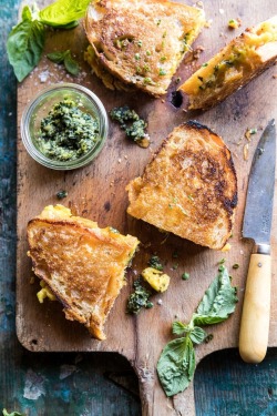 savorytoothgirl:   breakfast grilled cheese with soft scrambled eggs and pesto