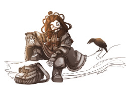 bridgioto:  Request #4 and the last, for cydwarf! A lady dwarf taking a break on a journey. Maybe a sister of Gimli’s, based on her beard…? 