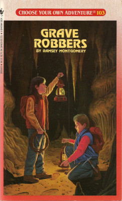 Choose Your Own Adventure No. 103: Grave Robbers, by Ramsay Montgomery. Illustrated by Leslie Morrill (Bantam, 1990).From a charity shop in Derby.“You barely move forward when a huge wave splashes over your head, ripping the paddle from your hands.