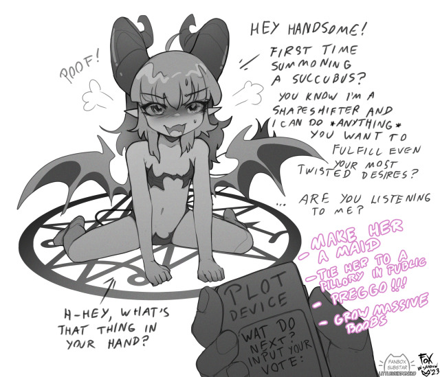 foxintwilight:Hey errybody, Kuki got a bit busy with life and we can&rsquo;t start a new animation projecto for the time being, so I thought I&rsquo;d step in with a lil CYOA voting poll, and I happen to know just the right succubus to put through some