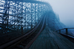 destroyed-and-abandoned:Climbing an abandoned roller coaster before sunrise in Nara, Japan by Chris Luckhardt